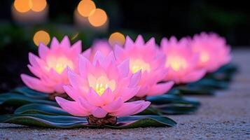 Illuminated Pink Lotus Flowers in a Row on Water Lilies at Night Tranquil Scene photo