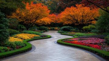 Serene Autumn Garden Path Winding Walkway Through Colorful Landscape with Vibrant Fall Foliage photo