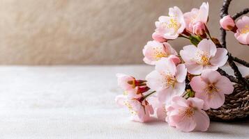 Delicate Pink Cherry Blossoms in a Rustic Basket on Beige Background Springtime floral arrangement photo