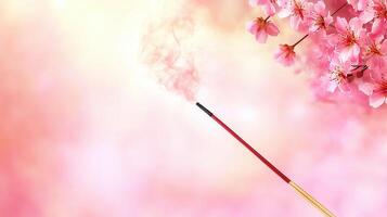 Pink Incense Stick Burning with Soft Pink Flower Background Peaceful Relaxation and Tranquility Image photo