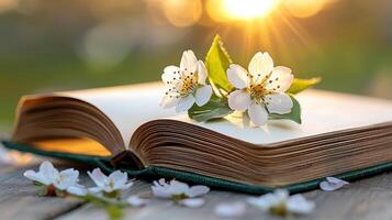 Open book with delicate spring blossoms bathed in warm sunlight a peaceful springtime reading scene photo