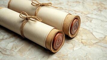 Ancient Parchment Scrolls Tied with Twine on Marble Background Authentic Antique Documents photo