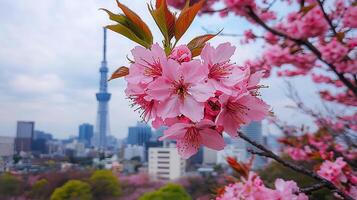 cherry blossoms in front of the tokyo skyline photo