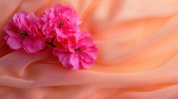 Delicate Pink Flowers Resting on Peach Colored Fabric Soft Background Texture photo