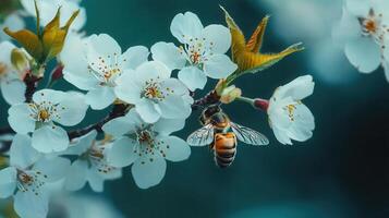 Honeybee Pollinating Delicate White Blossoms in Springtime Nature Scene photo