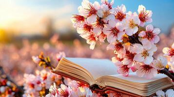 Open Book Resting Amongst Delicate Spring Blossoms at SunrisePeaceful Springtime Scene photo