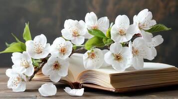 Spring Blossoms Resting on an Open Book White Flowers and Springtime Reading photo