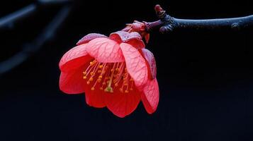Vibrant Red Flower Blossom on Dark Branch Closeup Macro Shot Stunning Spring Bloom Nature photo