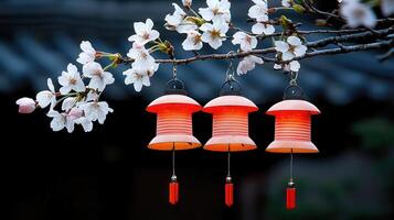 Three Orange Lanterns Hanging from Cherry Blossoms in Springtime Peaceful Asian Garden Scene photo
