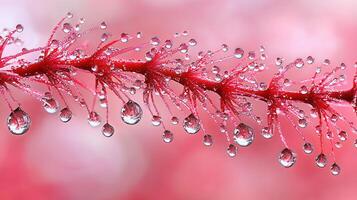 Close up shot of dew drops on a vibrant red plant branch nature macro photo