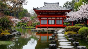 Serene Japanese Garden with Red Pavilion Pond and Stepping Stones in Spring photo