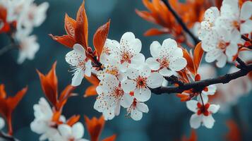 Delicate White Blossoms on a Branch with Vibrant Red Leaves in Springtime photo