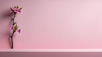 Delicate Pink Blossom Branch on a Pastel Pink Shelf Against a Soft Pink Wall Background photo