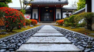Serene Japanese Garden Path Leading to Temple Peaceful Stone Walkway with Red Flowers photo