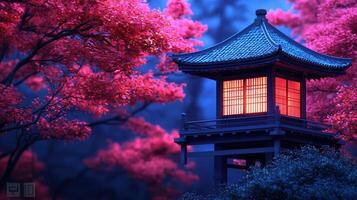 Serene Illuminated Japanese Pagoda at Night Surrounded by Pink Blossoms photo