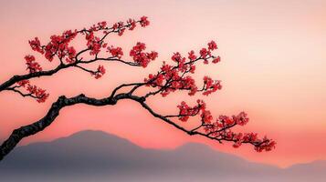 Serene Pink Sunset Landscape Featuring a Blossoming Branch of Cherry Tree photo