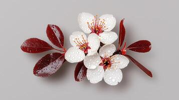 Delicate White Flowers with Dew Drops on Dark Red Leaves Stunning spring blossom close up photo