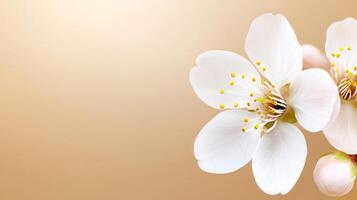 Delicate White Blossoms on Peach Tree Branch Against Soft Beige Background Spring Flowers Macro photo
