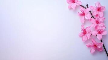 Delicate Pink Cherry Blossoms Branch on Light Purple Background Spring Floral Design photo