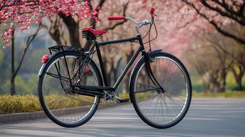 Classic Black Bicycle Parked Under Blooming Pink Trees Springtime Outdoors Leisure Activity photo
