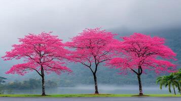Three Pink Flowering Trees by a Lake on a Misty Day Peaceful Nature Scene photo