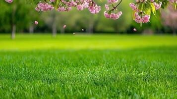 Pink Cherry Blossoms Falling on Lush Green Grass in Springtime Park photo