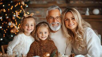 Happy family portrait near Christmas tree grandparents with two smiling granddaughters photo