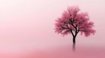 Serene Pink Blossom Tree in Misty Landscape Peaceful Nature Scene Tranquil Springtime View photo