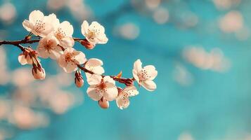 Delicate Spring Blossoms on a Branch Against a Vibrant Teal Sky Perfect for springtime themes and nature imagery photo
