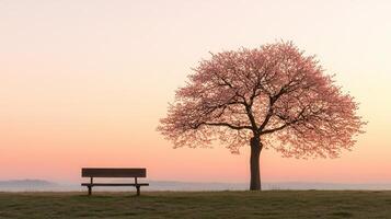 Serene Sunrise Peaceful Bench near a Blooming Tree in a Tranquil Field photo