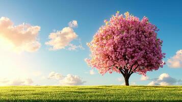 Serene Pink Blossom Tree in Spring Meadow under a Sunny Sky A picturesque scene of nature's beauty photo
