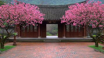 Serene Asian Courtyard with Blooming Pink Trees and Traditional Architecture photo