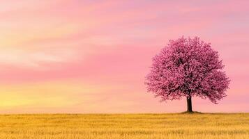 Pink Blossom Tree in Golden Field at Sunset Peaceful Spring Landscape photo