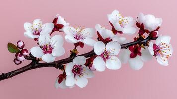 Delicate Branch of White Spring Blossoms on Pink Background Perfect for Springtime Designs and Feminine Concepts photo