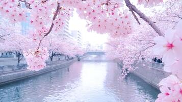 Serene Springtime Scene Pink Cherry Blossoms Blooming Over a Calm Canal photo