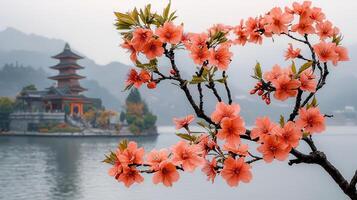 Stunning Peach Blossom Branch in Bloom with Serene Temple and Lake Background photo
