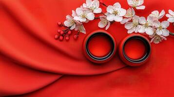 Red fabric background with two red cups and white plum blossoms Perfect for Chinese New Year or spring celebrations photo