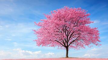 A Single Blooming Pink Cherry Tree in a Field under a Blue Sky Springtime Nature Scene photo