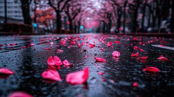 Pink petals scattered on a wet street after a rain shower under blossoming trees A beautiful spring scene photo