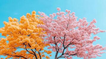 Vibrant Springtime Blossoms Pink Cherry and Golden Maple Trees against a Clear Blue Sky photo