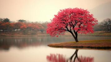Serene Pink Tree by Calm Lake Peaceful Autumn Landscape photo