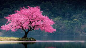 Serene Pink Cherry Blossom Tree by Tranquil Lake in Lush Forest Landscape photo
