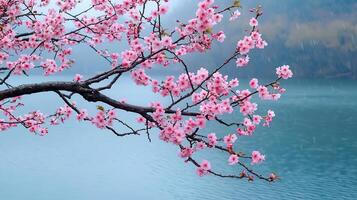 Pink Cherry Blossoms Branch Over Serene Lake During a Gentle Rain photo