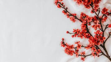 Delicate Coral Peach Blossoms on White Fabric Background Spring Floral Design photo