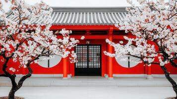 Stunning Red Asian Temple Gate Framed by Blossoming Cherry Trees in Springtime photo