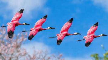 Four Roseate Spoonbills in Flight Against a Vivid Blue Sky and Pink Blossoms photo
