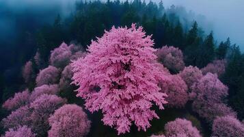 Aerial View of a Majestic Pink Cherry Blossom Tree in a Misty Forest during Springtime photo