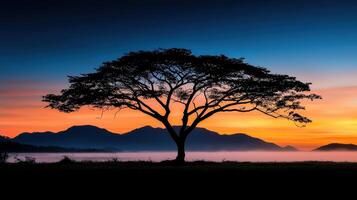 Majestic Silhouette of a Tree at Sunrise Over Misty Mountains A Breathtaking Landscape Photograph photo