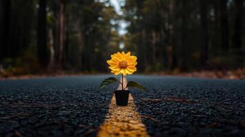 A single yellow flower in a small pot sits on the center line of a forest road A beautiful symbol of hope and resilience photo