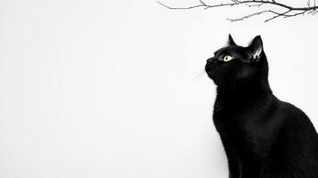 Elegant Black Cat Sitting Against White Background with Branch Overhead A Stunning Pet Portrait photo
